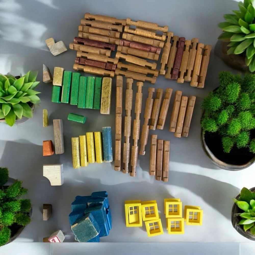 Vintage Wooden Building Blocks Lot Lincoln Logs Alphabet Blocks‎ Mixed Set 80+pc
